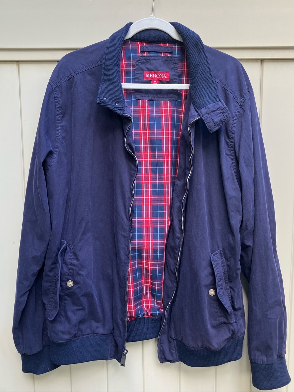 Men's Harrington jacket navy red plaid lining Merona XL full zip classic preppy